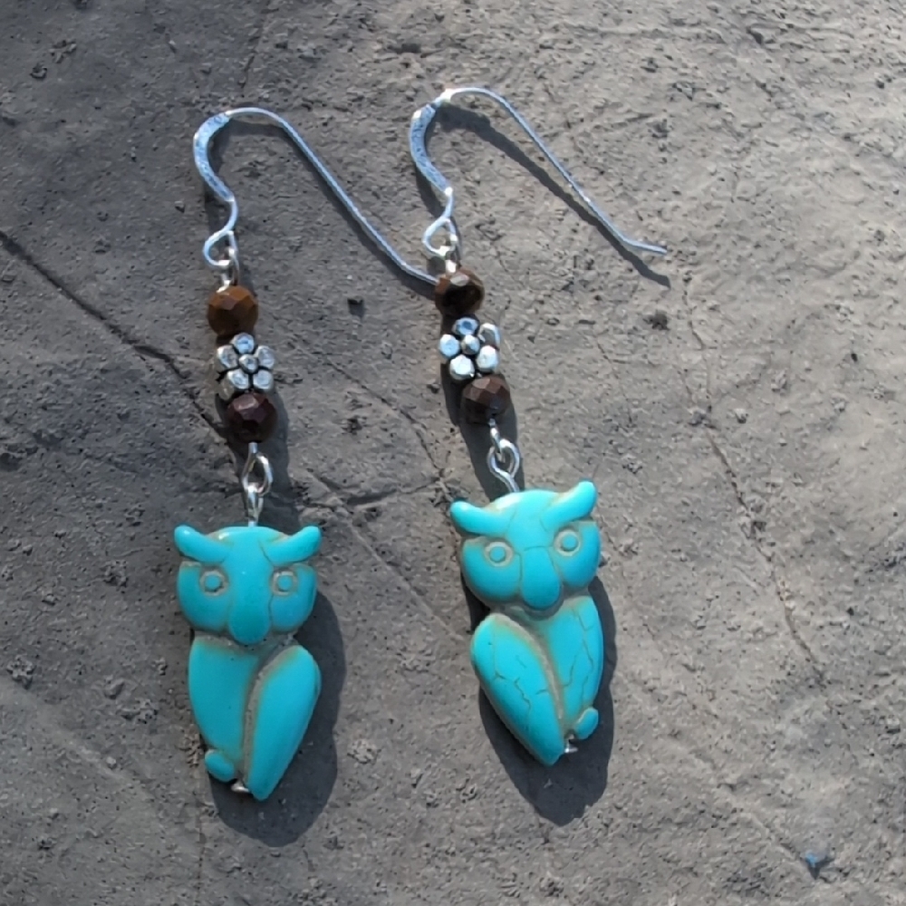 Turquoise Owl Stone Bead W Tiger Eye Drop Earrings On Sterling Silver Hook
